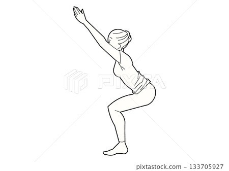 Chair pose, woman doing yoga, line drawing 133705927