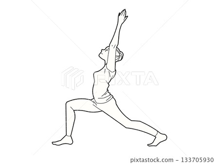 High lunge pose, woman doing yoga, line drawing High lunge pose, woman doing yoga, line drawing 133705930