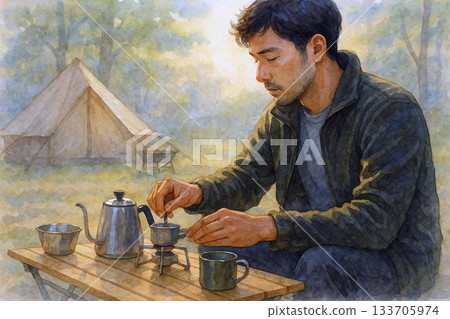 A Japanese man preparing for the morning at a campsite 133705974