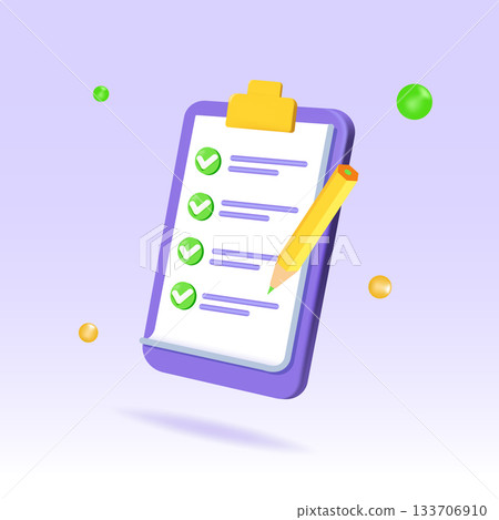 Approvement, exam, clipboard, mark icon. Task management todo check list. 3d realistic vector illustration. 133706910