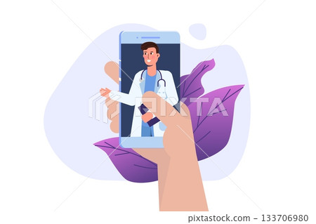 Medical online conference, Doctor Distant online  consultation concept.  Flat Vector Illustration 133706980