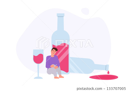 Alcohol addiction concept with male character. Vector illustration. Alcohol addiction concept with male character. Vector illustration. 133707005