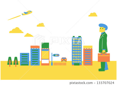 A man in a suit walking through a city of buildings 133707024