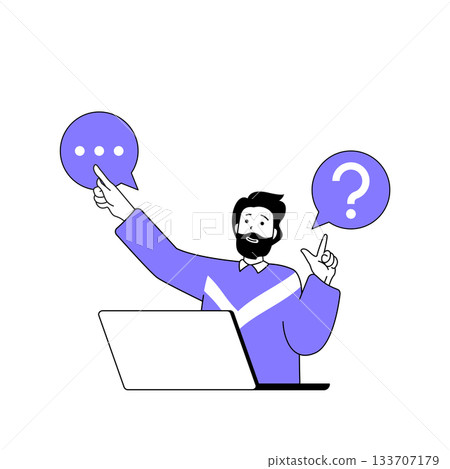 Teamwork concept with cartoon people in flat design for web. Man with questions connecting with colleagues and brainstorming online. Vector illustration for social media banner, marketing material. Teamwork concept with cartoon people in flat design for web. Man with questions connecting with colleagues and brainstorming online. Vector illustration for social media banner, marketing material. 133707179