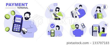 Payment terminal concept set for web design. Collection with people using wireless and contactless POS terminals for paying with credit cards. Flat vector illustration isolated on white background. Payment terminal concept set for web design. Collection with people using wireless and contactless POS terminals for paying with credit cards. Flat vector illustration isolated on white background. 133707183