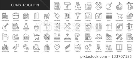 Construction web icons set in thin line design. Pack of paint roller, step ladder, tools, trowel, building, crane, drawing, fence, real estate, other outline stroke pictograms. Vector illustration. 133707185