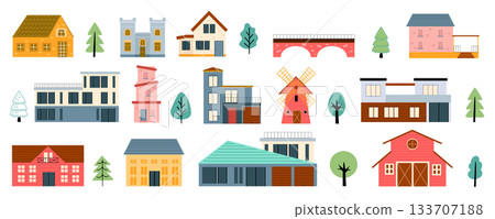 Village buildings mega set in cartoon graphic design. Bundle elements of cute suburban houses, barn, mill, bridge, trees and other architecture constructions. Vector illustration isolated objects Village buildings mega set in cartoon graphic design. Bundle elements of cute suburban houses, barn, mill, bridge, trees and other architecture constructions. Vector illustration isolated objects 133707188