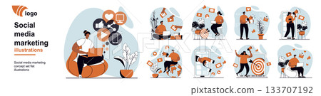 Social media marketing concept with people scenes mega set in flat web design. Bundle of character situation with attracting audience with online advertising and promotion. Vector illustrations. 133707192