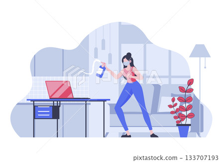 Coronavirus prevention concept with cartoon people in flat design for web. Woman in protective mask cleaning and making disinfection. Vector illustration for social media banner, marketing material. Coronavirus prevention concept with cartoon people in flat design for web. Woman in protective mask cleaning and making disinfection. Vector illustration for social media banner, marketing material. 133707193
