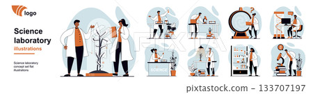 Science laboratory concept with people scenes mega set in flat web design. Bundle of character situation with scientific research, chemical tests, experiment discoveries in lab. Vector illustrations. 133707197