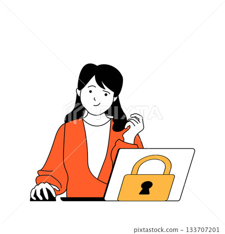 Cyber security concept with cartoon people in flat design for web. Woman using antivirus and internet security system at laptop. Vector illustration for social media banner, marketing material. 133707201