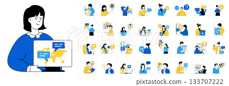 Social media concept with character situations mega set in flat web design. Bundle of scenes people connecting online, sending messages, briwsing news, networking in mobile app. Vector illustrations. 133707222