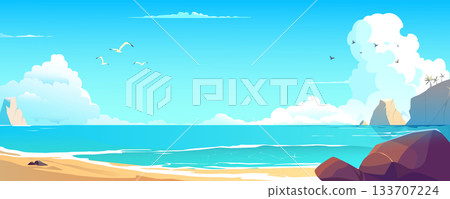 Sea bay background banner in cartoon design. Tropical sand beach landscape with stones, palm trees on rocks, ocean coastline with day clouds, flying seagulls and birds. Vector cartoon illustration 133707224