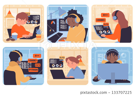 Programming concept with people situation set in flat web design. Bundle scenes with multiethnic diverse characters coding and creating software at computer and laptop in office. Vector illustrations. 133707225