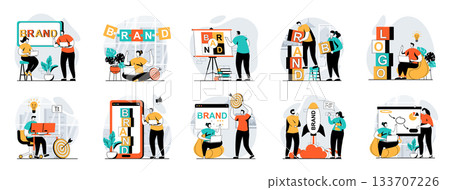 Branding team web concept with people scenes mega set in flat design. Bundle of character situations with logo and identity creating, company personality, launch business brand. Vector illustrations. Branding team web concept with people scenes mega set in flat design. Bundle of character situations with logo and identity creating, company personality, launch business brand. Vector illustrations. 133707226