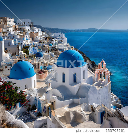 聖托里尼島景色壯麗，藍色圓頂和愛琴海盡收眼底。 133707261