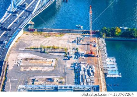 Tokyo Cityscape, Japan: Former Tsukiji Market (6) View of temporary access road and removal work of upper structure of loading pier Tokyo Cityscape, Japan: Former Tsukiji Market (6) View of temporary access road and removal work of upper structure of loading pier 133707264