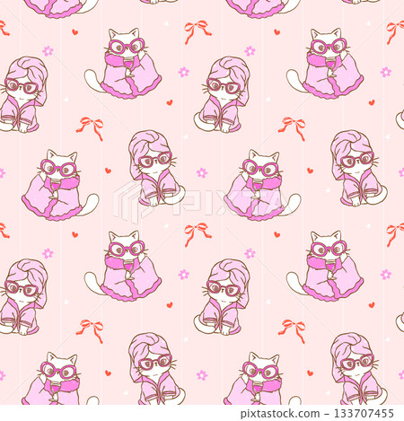 Cute Retro Coquette Girly Self Care Cat Seamless Pattern Cartoon Hand Drawn Repeat Background Cute Retro Coquette Girly Self Care Cat Seamless Pattern Cartoon Hand Drawn Repeat Background 133707455