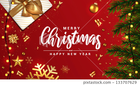 Holiday New year card - Merry Christmas on red background 3 133707629