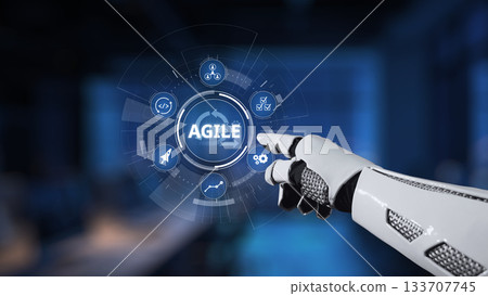 Robotic Hand Interacting with Futuristic Interface Featuring Agile Concept and Various Digital Icons Representing Innovation and Technology Advancement Synapse 133707745