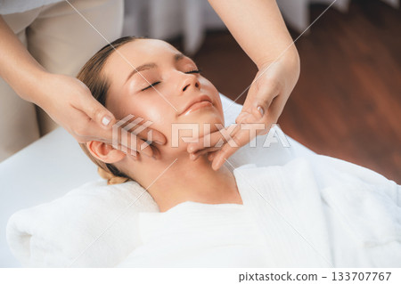 Caucasian woman enjoying relaxing anti-stress head massage. Quiescent 133707767
