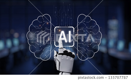 Futuristic Robot Hand Pointing to AI Concept with Digital Brain Illustration in Modern Office Background, Symbolizing Technology and Innovation Synapse Futuristic Robot Hand Pointing to AI Concept with Digital Brain Illustration in Modern Office Background, Symbolizing Technology and Innovation Synapse 133707787