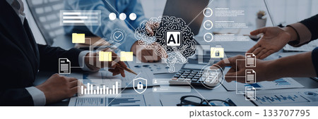 Business Team Collaboration on Artificial Intelligence Project with Digital Interface and Data Visualizations in Modern Office Environment Gantry Business Team Collaboration on Artificial Intelligence Project with Digital Interface and Data Visualizations in Modern Office Environment Gantry 133707795