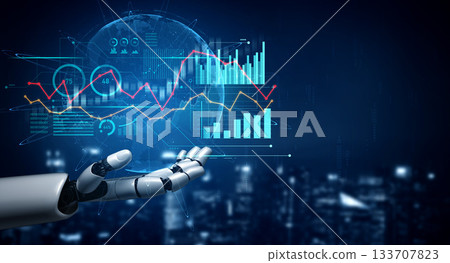 Futuristic Robot Hand with Digital Data Visualization and Analytics Chart in Background Representing Innovation in Technology and Machine Learning Scalp 133707823