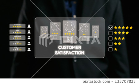 Customer Satisfaction Evaluation with Smiley Faces and Star Ratings Representation in Elegant Suit Against Dark Background. Qubit 133707825