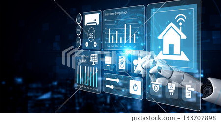 Futuristic Home Automation Interface with Smart Device Control Options for Energy Management and Data Visualization in a Digital City Environment Gantry 133707898