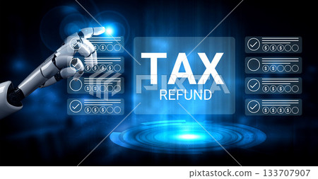 Futuristic robotic hand interacting with digital interface highlighting tax refund process with checkboxes and financial symbols in a blue-lit environment Gantry Futuristic robotic hand interacting with digital interface highlighting tax refund process with checkboxes and financial symbols in a blue-lit environment Gantry 133707907