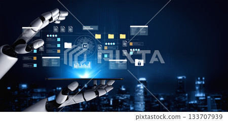 Futuristic Robotic Hand Displaying Artificial Intelligence Data and Analytics with Bright Visuals in Urban Nightscape Background for Technology Concept Gantry Futuristic Robotic Hand Displaying Artificial Intelligence Data and Analytics with Bright Visuals in Urban Nightscape Background for Technology Concept Gantry 133707939