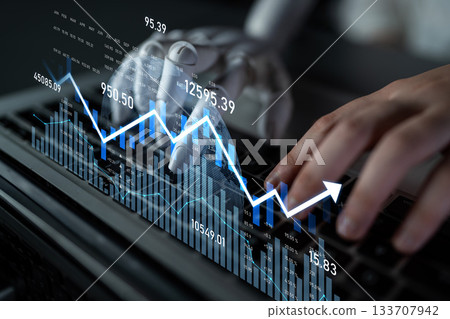 Robotic hand interacting with keyboard while displaying financial data and graphs on screen, illustrating AI technology in finance and investment sectors Scalp Robotic hand interacting with keyboard while displaying financial data and graphs on screen, illustrating AI technology in finance and investment sectors Scalp 133707942