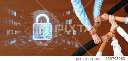 Collaborative Effort to Enhance Data Security with Digital Lock Symbol Overlaid on Hands Uniting in a Circle on Wooden Table Background Trope 133707963