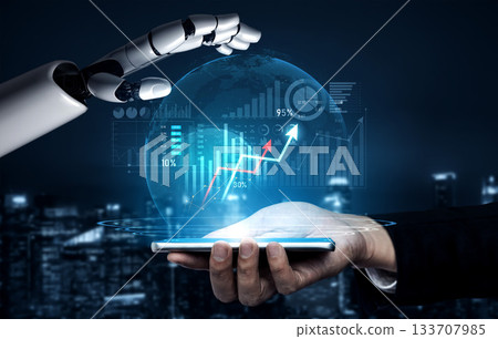 Robotic Hand Interacting with Globe Displaying Financial Data and Graphs, Symbolizing Technology, Innovation, and Future Business Insights Scalp Robotic Hand Interacting with Globe Displaying Financial Data and Graphs, Symbolizing Technology, Innovation, and Future Business Insights Scalp 133707985