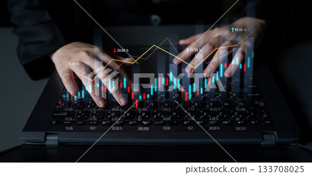 Business professional analyzing stock market trends with hands over a digital laptop keyboard displaying financial graphs and data visualization elements Scalp Business professional analyzing stock market trends with hands over a digital laptop keyboard displaying financial graphs and data visualization elements Scalp 133708025