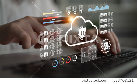 Modern Data Security Concept with Cloud Technology Represented by Digital Graphic Overlay During Laptop Usage in a Professional Setting Gantry Modern Data Security Concept with Cloud Technology Represented by Digital Graphic Overlay During Laptop Usage in a Professional Setting Gantry 133708121