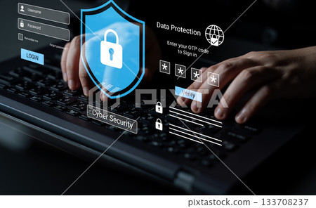 Cyber Security Concept with Hands on Keyboard, Lock Symbol, Data Protection Interface, User Authentication and Technology Visualization in Digital Environment Gantry 133708237