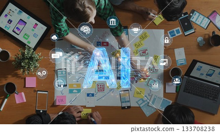 Collaborative Workspace with Team Brainstorming Ideas for Artificial Intelligence Development and Technology Innovation on a Wooden Table. Raster Collaborative Workspace with Team Brainstorming Ideas for Artificial Intelligence Development and Technology Innovation on a Wooden Table. Raster 133708238