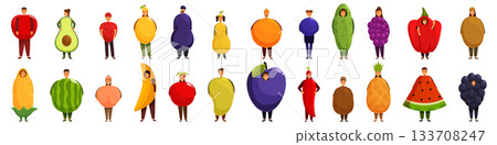 Party costumes fruits icons set. People wearing giant fruit and vegetable costumes promoting healthy diet 133708247