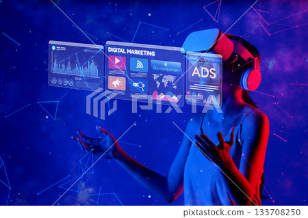 A Young Woman Engaged with Virtual Reality Experience in Digital Marketing, Surrounded by Data Visualizations and Ads in a Futuristic Environment XDMCP 133708250