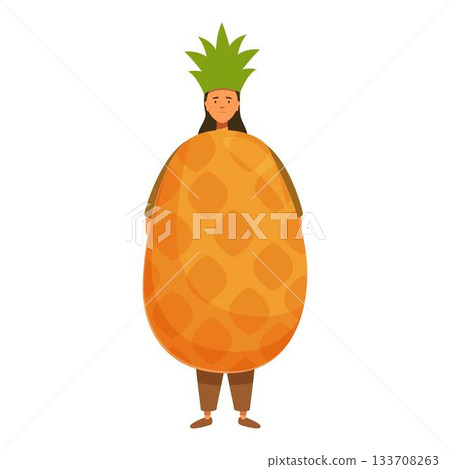 Woman wearing pineapple costume standing still, tropical carnival fun Woman wearing pineapple costume standing still, tropical carnival fun 133708263