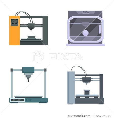 Set of 3d printer icons in flat design Set of 3d printer icons in flat design 133708270