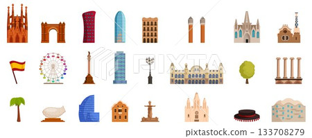 Barcelona icon set. Discovering barcelona, exploring the vibrant city's iconic landmarks and culture 133708279
