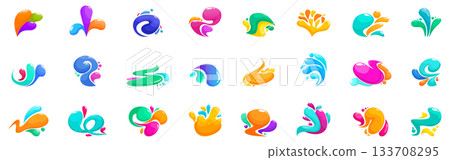 Rainbow swirls drops icons set. Colorful abstract liquid shapes forming a collection of modern logos 133708295