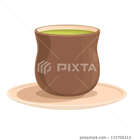 Brown earthenware tea cup full of green matcha tea resting on matching saucer Brown earthenware tea cup full of green matcha tea resting on matching saucer 133708313