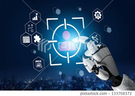 Futuristic robotic hand targeting user profile in digital interface with analytical icons and advanced technology background for data analysis concept Gantry Futuristic robotic hand targeting user profile in digital interface with analytical icons and advanced technology background for data analysis concept Gantry 133708372