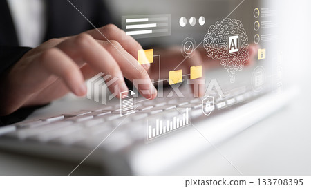 Professional hands typing on a keyboard with digital icons representing data analysis, artificial intelligence, technology, and modern business concepts in the background Gantry Professional hands typing on a keyboard with digital icons representing data analysis, artificial intelligence, technology, and modern business concepts in the background Gantry 133708395