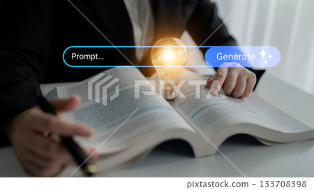 Person in business attire using digital device over open book with glowing light bulb symbolizing ideas, creativity, and innovation in modern workspace Gantry 133708398