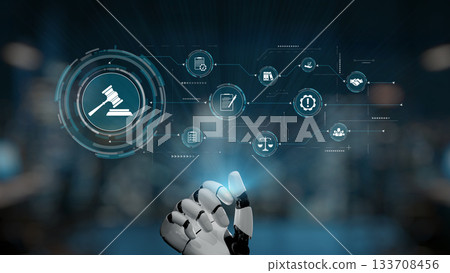 Futuristic Robot Hand Interacting with Digital Legal Icons Representing Law, Justice, and Technology in a Modern Courtroom Environment Synapse Futuristic Robot Hand Interacting with Digital Legal Icons Representing Law, Justice, and Technology in a Modern Courtroom Environment Synapse 133708456